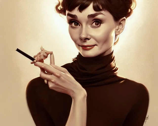 Image similar to photography of audrey hepburn, deep focus,, intricate, elegant, highly detailed, digital painting, artstation, concept art, matte, sharp focus, illustration, art by artgerm and greg rutkowski and alphonse mucha