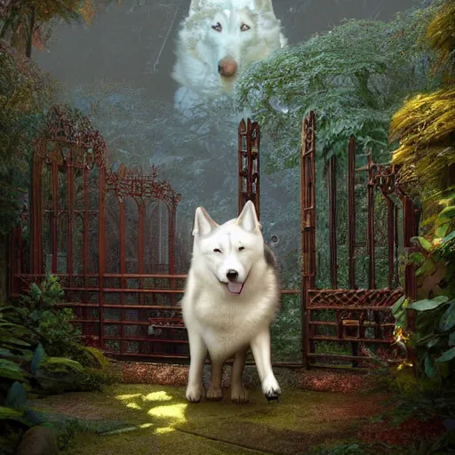 Prompt: gate leading to white alaskan husky in a alaskan lush vegetation, warm tones : by michal karcz, guillermo del toro, daniel merriam, victo ngai and : ornate, dynamic, particulate, intricate, elegant, highly detailed, centered, artstation, smooth, sharp focus, octane render