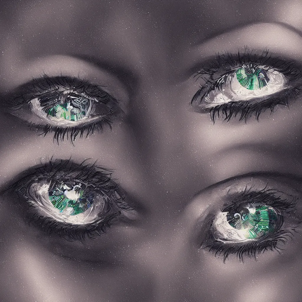 Image similar to retrofuturistic digital airbrush illustrated album cover of eyes and crystals