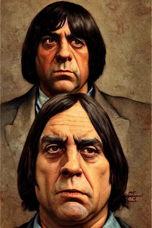 Prompt: Anton Chigurh from the movie No Country for Old Men painted by Norman Rockwell