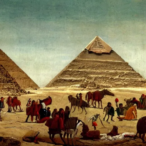 Prompt: the great pyramid of giza being built by chimps, 1 3 th century painting,