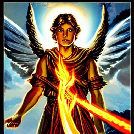 Image similar to biblically accurate angel, epic propaganda poster, holding a flaming sword, strength, health, confidence, in the style of magic the gathering cart art