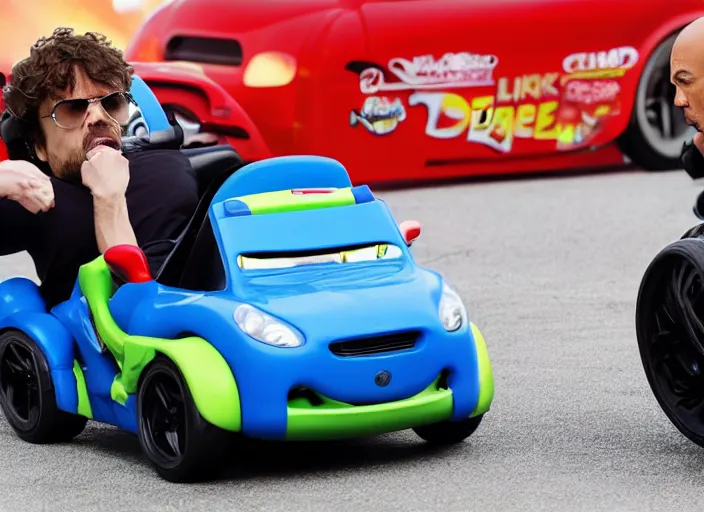 Prompt: peter dinklage racing vin diesel driving a little tikes cozy coupe cars, movie still, from the new fast and furious movie, 8 k, realistic