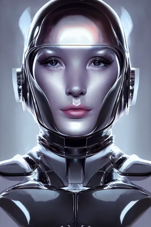 Prompt: retro-futuristic female android in chrome armour, facial portrait, rim light, ornate pattern, painting by vincent di fate, artgerm julie bell beeple, Smooth gradients, High contrast, depth of field, very coherent symmetrical artwork