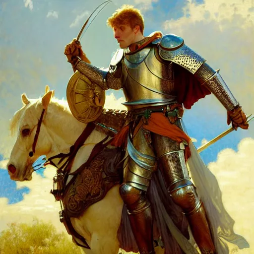 Image similar to attractive arthur pendragon and his attractive male knight, they are in love, natural lighting, path traced, highly detailed, high quality, digital painting, by gaston bussiere, craig mullins, alphonse mucha j. c. leyendecker