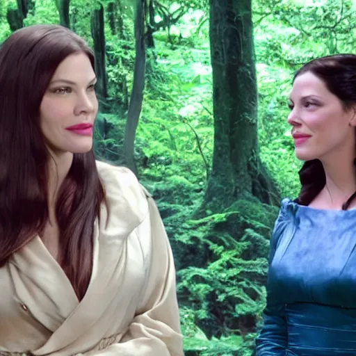 Image similar to stunning live footage of news anchorwoman liv tyler reporting from lothlorien interviewing arwen, lord of the rings movie, by daniella zalcman, directed by peter jackson, highly detailed, canon eos r 3, f / 1. 4, iso 2 0 0, 1 / 1 6 0 s, 8 k, raw, symmetrical balance