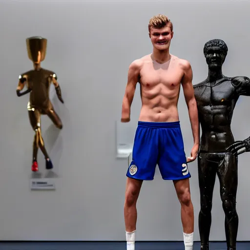 Prompt: a realistic detailed photo of a guy who is an attractive humanoid who is half robot and half humanoid, who is a male android, soccer players martin ødegaard & timo werner, shiny skin, posing like a statue, blank stare, in a museum, on display, showing off his muscles, gold soccer shorts, no jersey, collection of them, statue