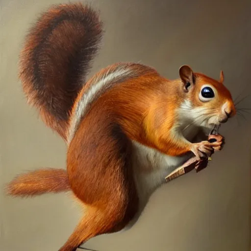 Image similar to oil painting of a muscular squirrel ripping its shirt off, 8 k, high quality