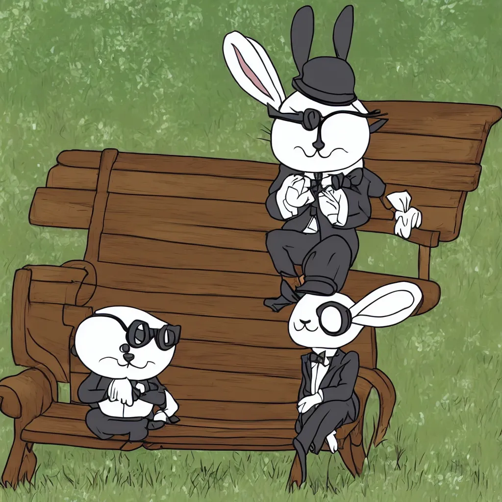 Prompt: a dapper chibi bunny rabbit in formal wear with a monocle sitting on a park bench on a sunny day, digital art
