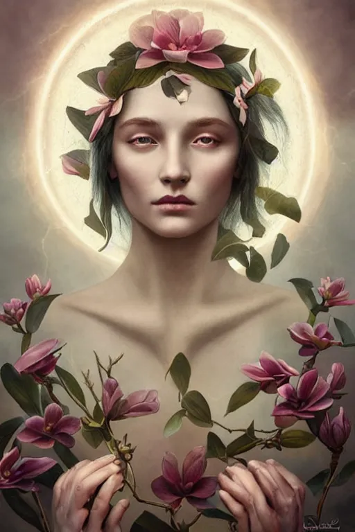 Prompt: a goddess of magnolia a queen of the garden, meditating! with a beautiful symmetrical face!!! cinematic lightning, isolated, studio lighting by tom bagshaw