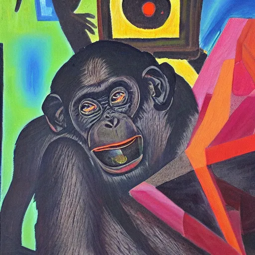 Image similar to portre of an autistic demonic chimpanzee on acid, masonic and kabalistic symbols in background, oil painting