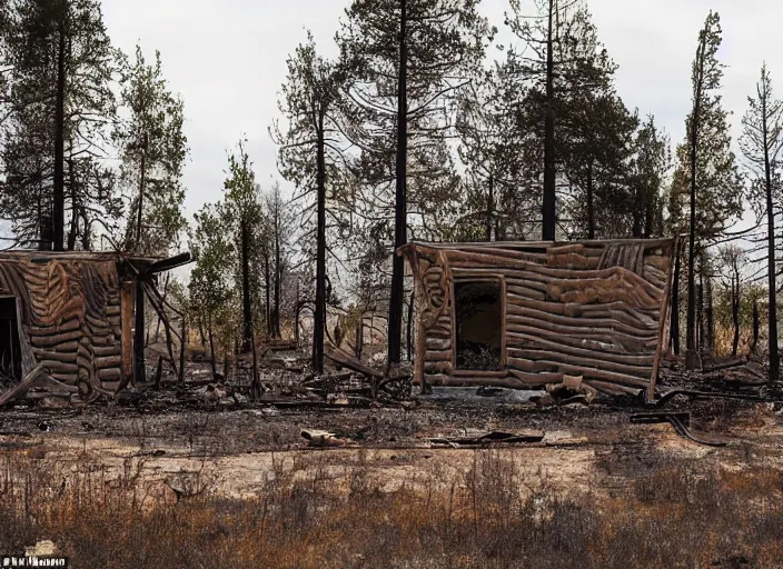 Prompt: post-apocalyptic shed in the summertime, highly damaged by recent wildfires which have burnt all the surrounding flora and fauna