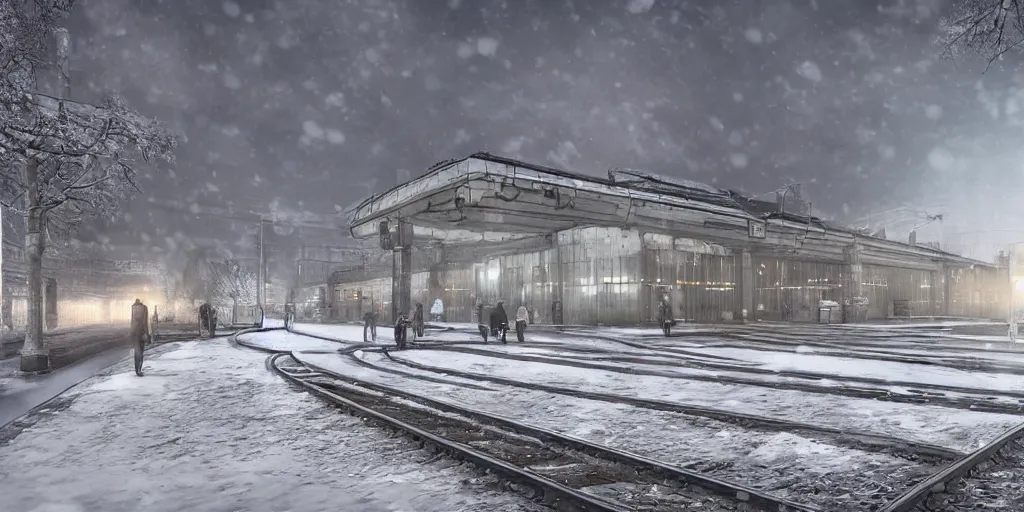 Image similar to hyper realistic render of soviet era 1 9 5 0's brutalism train station, located in the snow, puddles of water, by kait kybar, ivan shishkin, sunset, foggy, stunning skies, volumetric lighting, sharp focus, hyper detailed, digital art, cryengine