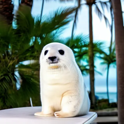 Image similar to a baby harp seal sitting near a box marked top secret, sitting on a beautiful dark leather chair at a luxury resort, palm trees outside the windows, panasonic, photo, gentle bokeh