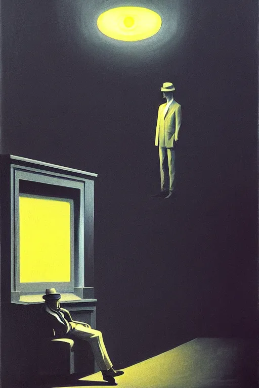 Prompt: a big eye in the television watching a man working, edward hopper and james gilleard zdzislaw beksisnski higly detailed