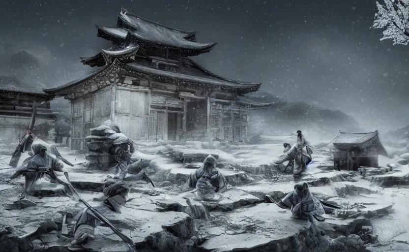 Prompt: highly detailed digital illustration of ninja shinobi in the white puddle in old, ruined, japanese village from sengoku period, surrounded by the white desert, with dark rocks, cinematic lighting, photobash, raytracing, volumetric lighting