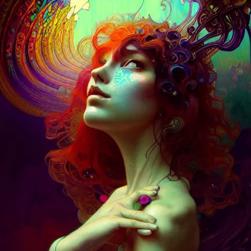 Image similar to A girl having an extremely colorful psychedelic experience, magic mushrooms, psilocybin, face, detailed, intricate, elegant, highly detailed, digital painting, artstation, concept art, smooth, sharp focus, illustration, art by Krenz Cushart and Artem Demura and alphonse mucha