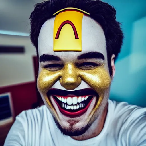 Image similar to A selfie of Ronald McDonalds with a gold teeth, smiling with confidence