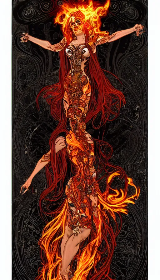 Image similar to a finely detailed beautiful!!! feminine cyberpunk ghost rider with skull face and long flowing hair made of fire and flames, dressed in black leather, by Alphonse Mucha, designed by H.R. Giger, legendary masterpiece, stunning!, saturated colors, black background, full body portrait, zoomed out to show entire image, trending on ArtStation