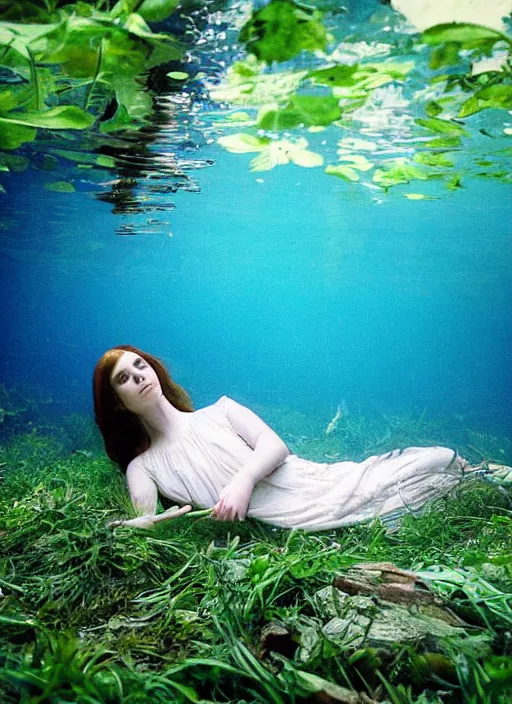 Image similar to lady laying under the river bed amongst the weeds, underwater shot, submerged, medium shot, on the bed of the river preraphaelite, 8 k