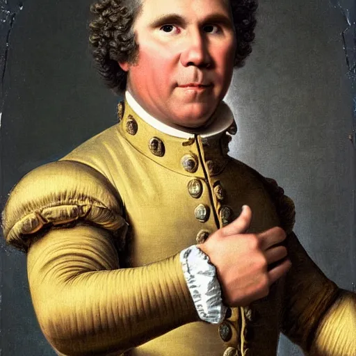 Image similar to A rococo portrait of Will Ferrell in a shining suit of armor, Jacques-Louis David, Réunion des Musées Nationaux, Louvre Catalogue photography