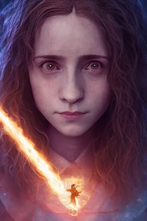 Prompt: Hermione Granger, magical, forest, evening, blue mist, Harry Potter, symmetrical face, large eyes, hyper realistic, digital art, octane render, trending on artstation, artstationHD, artstationHQ, unreal engine, 4k, 8k