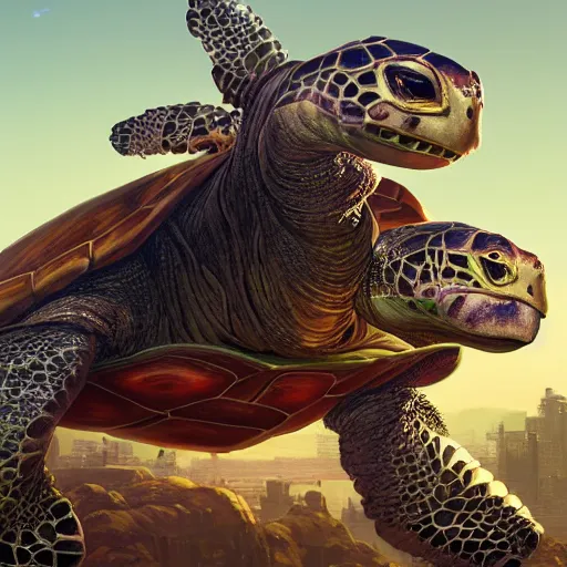 Image similar to highly detailed portrait turtle 🤖 in gta v, stephen bliss, unreal engine, fantasy art by greg rutkowski, loish, rhads, ferdinand knab, makoto shinkai and lois van baarle, ilya kuvshinov, rossdraws, tom bagshaw, global illumination, radiant light, detailed and intricate environment