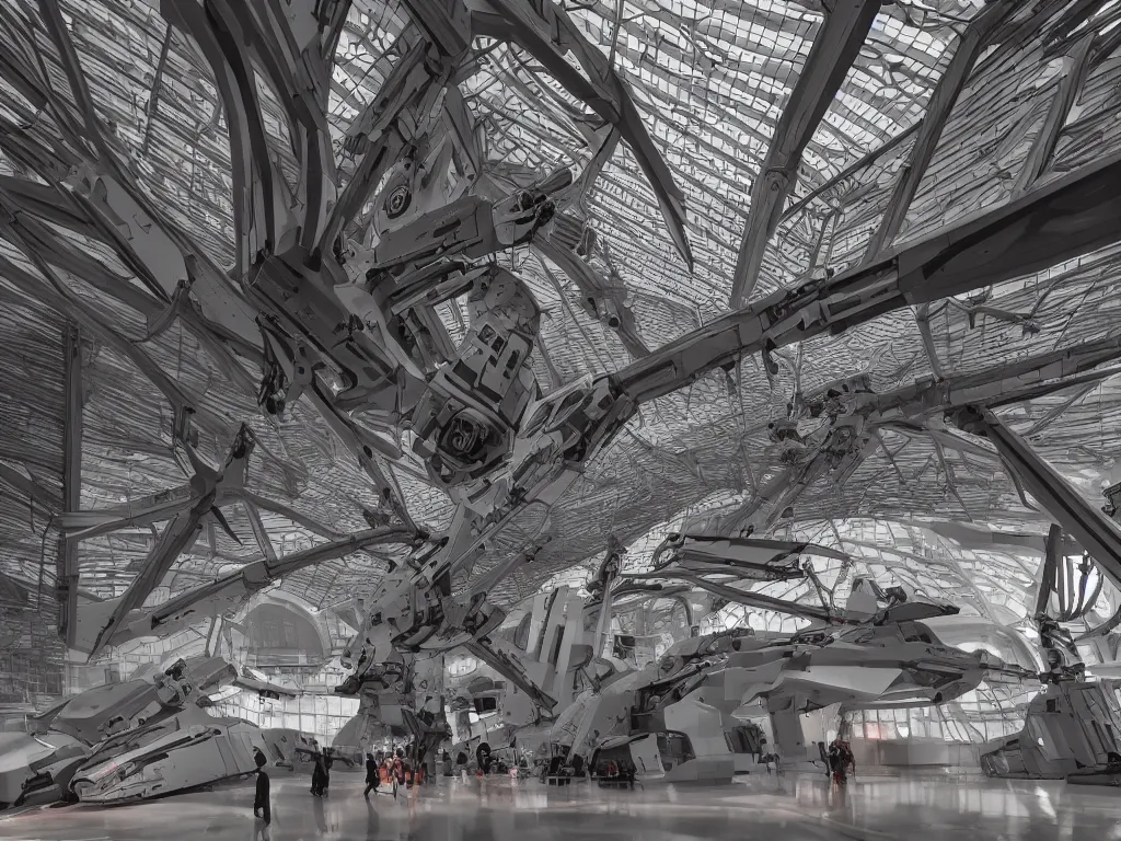 Image similar to a Photorealistic complex hyper detailed,hyper realistic bright interior atrium of a beautiful modern Mobile suit Mech Museum with huge Mechs on display by Santiago Calatrava,Beautiful dramatic moody tones and lighting,cinematic atmosphere,Octane Rendering,8K
