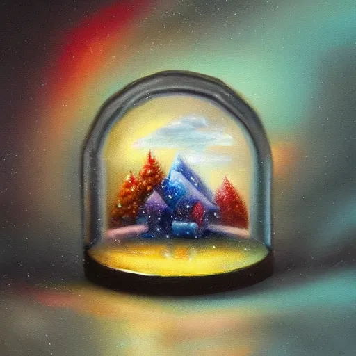 Image similar to a rainstorm inside a snowglobe. Beautiful colorful clouds in moody greys and blues. High quality award winning detailed!!! oil painting, trending on artstation