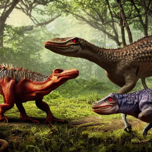 Image similar to 8 k hd detailed octane render of dinosaurs roaming the jungle