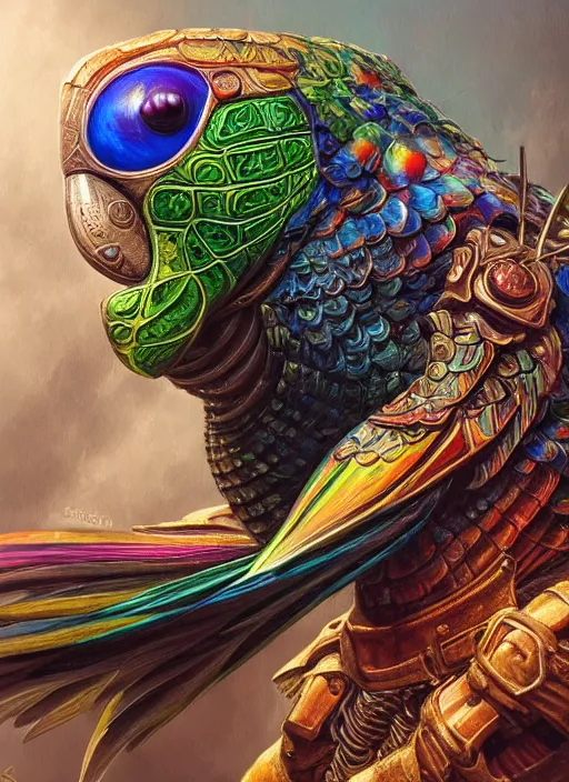 Image similar to cyber parrot downtown cn tower mf doom reptile eyes, rainbow metal feathers, intricate, elegant, highly detailed, centered, digital painting, artstation, concept art, smooth, sharp focus, illustration, artgerm, tomasz alen kopera, peter mohrbacher, donato giancola, joseph christian leyendecker, wlop, frank frazetta