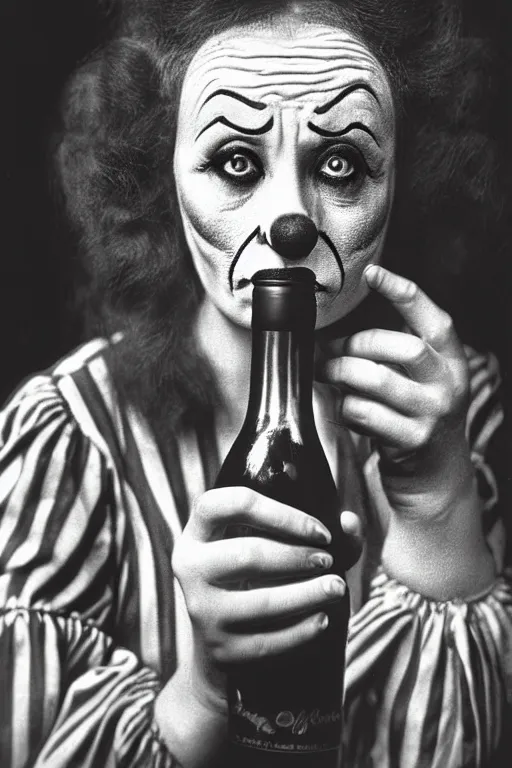 Prompt: old realistic photo of face of a female sad and tired clown, clown is holdind wine bottle, photograph, early 1 9 0 0's, black and whitehighly detailed, matte, sharp focus, smooth, sharp focus, illustration