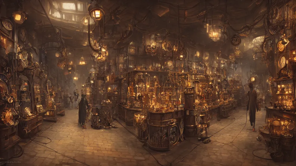 Image similar to A highly detailed image of a steampunk store, by Danar Worya, by Greg Rutkowski, by artgerm, by beeple, volumetric lighting, 4k resolution, octane render, trending on artstation