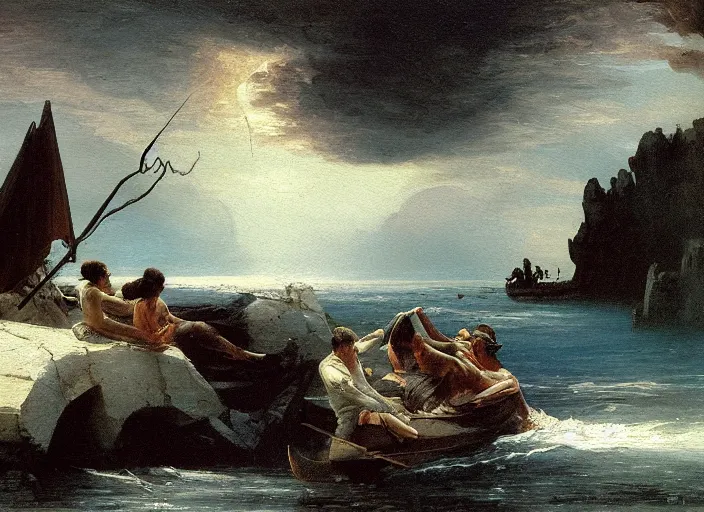 Image similar to a painting of the boat of charon in the river styx by felix resurreccion hidalgo