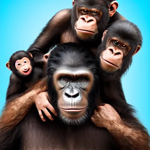 Image similar to a family of apes riding on the back of a giant human hand in front of a white background