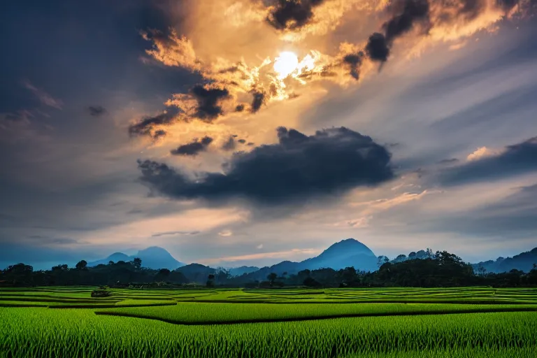 Image similar to a beautiful landscape photography of Gunung Jerai, Yan, Malaysia with a paddy field, dramatic sky, 500px, cinematic lighting, wide angle,sunrise, award winning, 8K photo realism