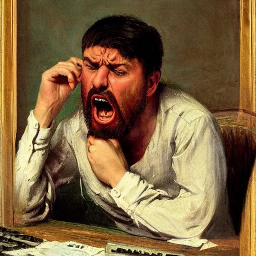 Image similar to an angry man yells at his computer monitor, oil on canvas, 1 8 8 3, highly detailed