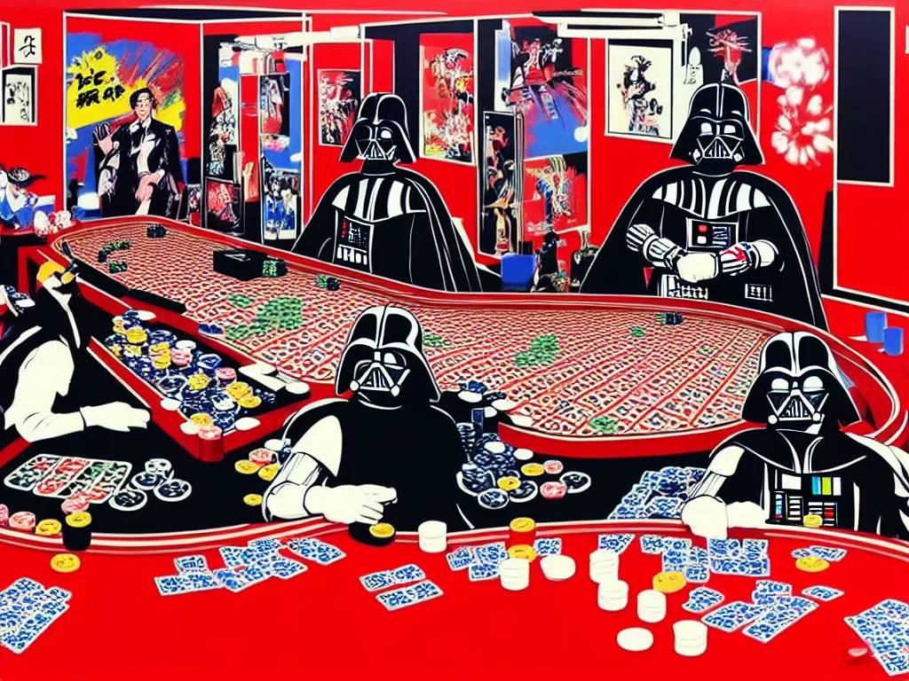Prompt: hyper - realistic composition of a room with an extremely detailed poker table, croupier in traditional japanese kimono standing nearby, darth vader sitting at the table, fireworks in the background, pop art style, jackie tsai style, andy warhol style, acrylic on canvas
