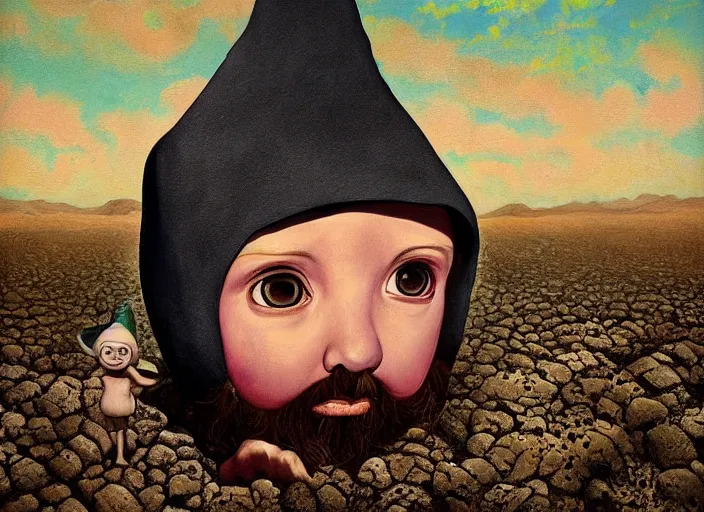 Image similar to a forgotten garden gnome in a vast barren desert, hopeless wasteland background with a relentless raging sun overhead, an ultrafine detailed painting by mark ryden, trending on deviantart, pop surrealism, whimsical, lowbrow, perfect symmetrical face