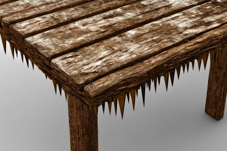 Image similar to a rustic rectangle wooden table with spikes sticking out of it. artstation highquality 4k