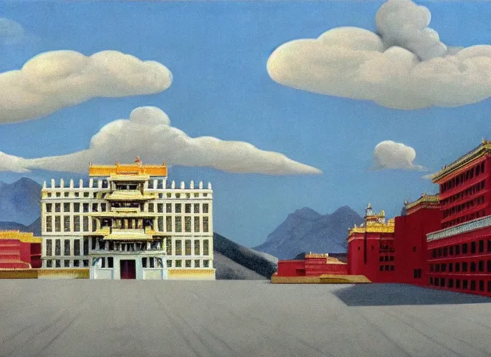 Image similar to lhasa palace, clouds, bird, open ceiling, strange foreign objects, oil painting by edward hopper, chirico and rene magritte