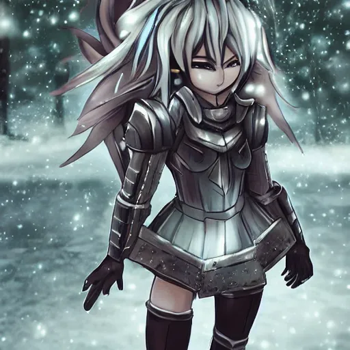 Prompt: portrait focus of knight beautiful 3D anime girl, marshmallow armor wearing, dark forest background, snowing, bokeh, inspired by Masami Kurumada, digital painting, high contrast, unreal engine render, volumetric lighting, high détail