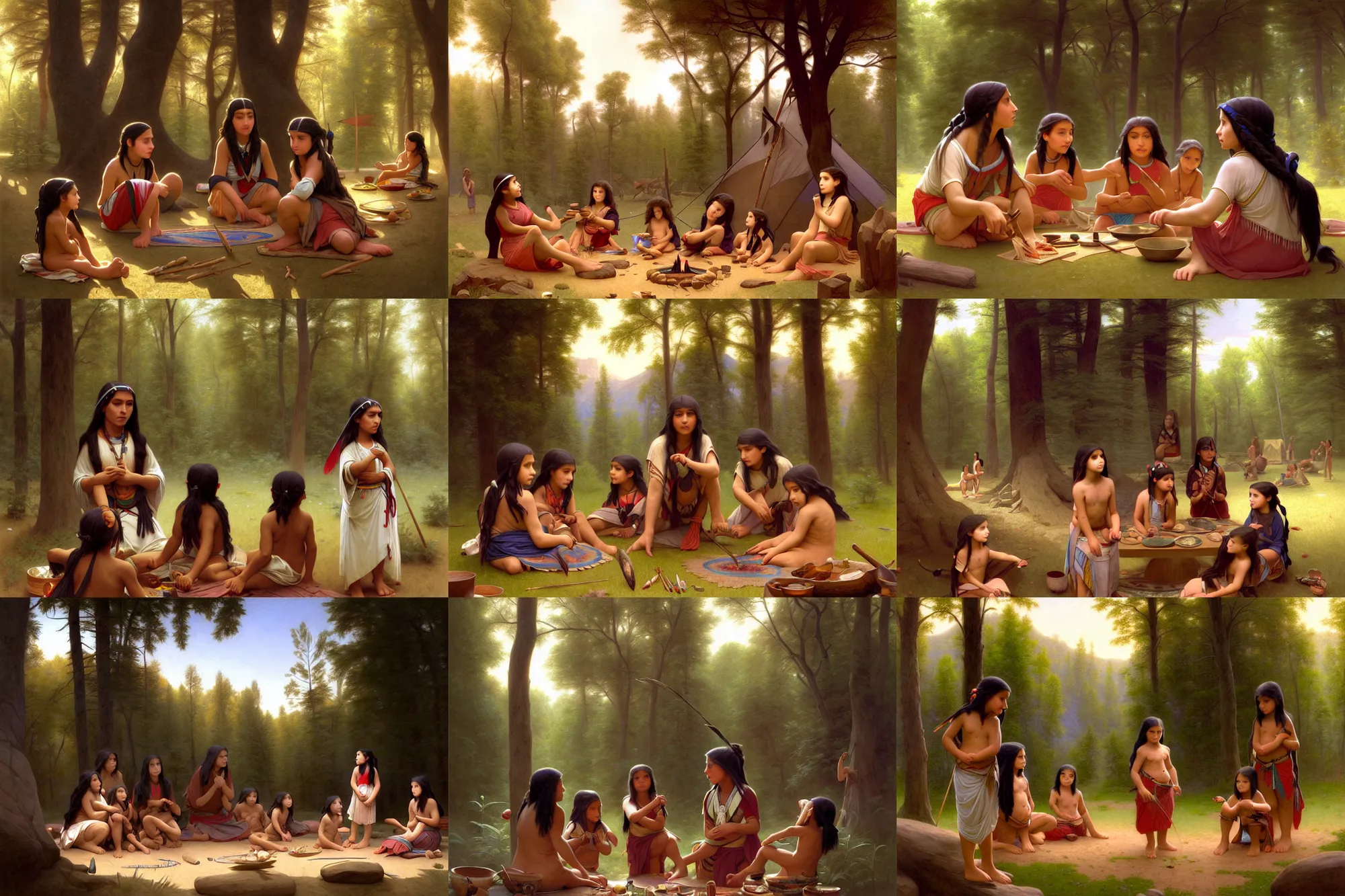 Prompt: depiction of a native american campground with native american girls playing, illustration by mandy jurgens and william adolphe bouguereau, artgerm, 4 k, digital art, surreal, highly detailed, artstation, digital painting, concept art, smooth, sharp focus, illustration by mandy jurgens and william adolphe bouguereau