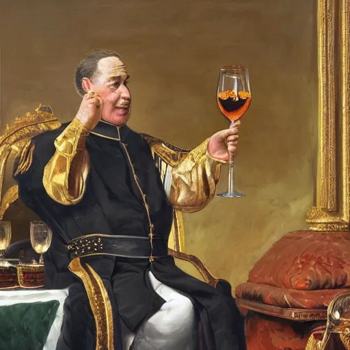 Image similar to A detailed oil painting of a majestic emperor toasting by John Parrot and Robert Lefevre