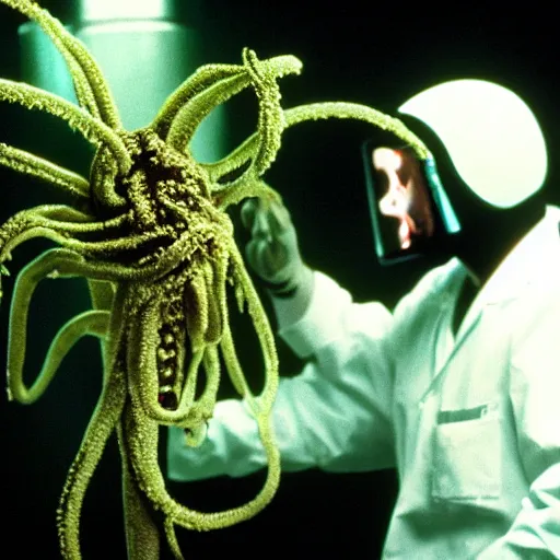 Image similar to filmic extreme realistic wide shot dutch angle movie still 35mm film color photograph of a doctor being decapitated by a spiney alien tendril