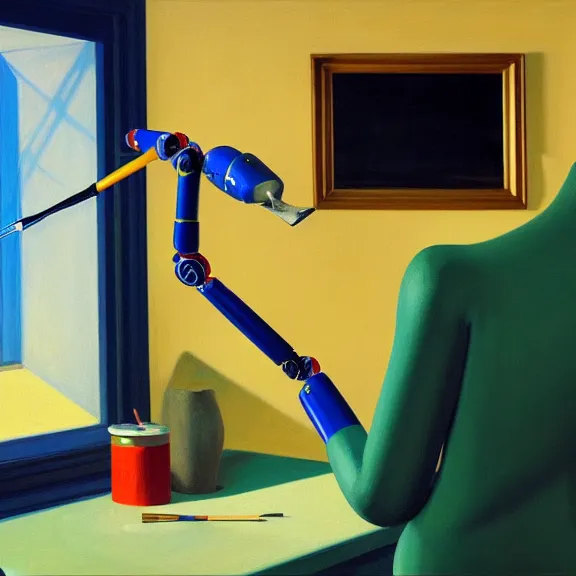 Image similar to a beautiful illustration of a robotic arm holding a paintbrush in front of a canvas by Edward Hopper, clean lines, very detailed, colorful octane render