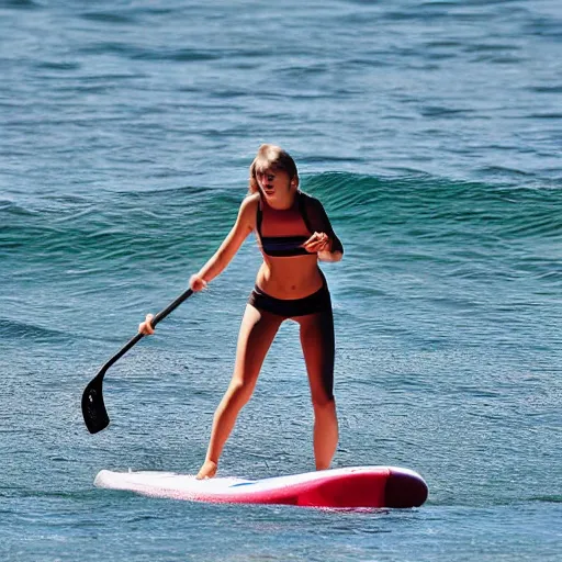 Image similar to taylor swift doing paddle surf in albacete realistic photograph