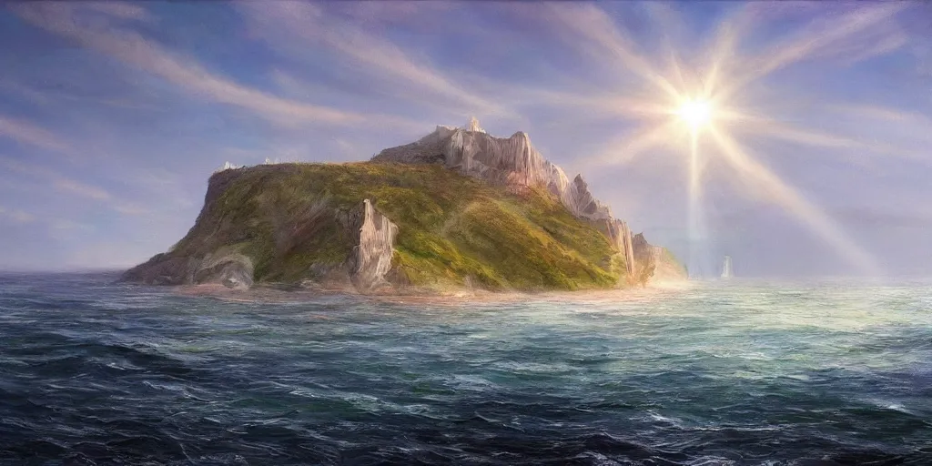 Image similar to the crystal cliffs of dover, viewed from the ocean, illustration, bright sunlight, sun glints, sunrays, digital art, hyperrealistic, oil painting, fantasy, 8 k, trending on artstation, detailed