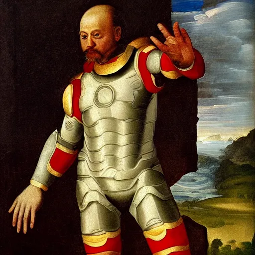 Prompt: renaissance painting of an anthropomorphic dog wearing an iron man suit