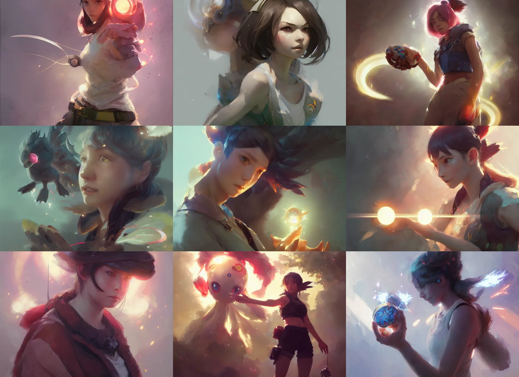 Image similar to portrait of a female pokemon trainer, intricate, sharp focus, lens flare, bloom, illustration, highly detailed, digital painting, concept art, matte, art by ruan jia and wlop and greg rutkowski, masterpiece